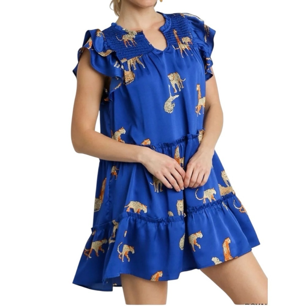 Cheetah Animal Print Women’s Mini Dress Flowing Cap Sleeve Blue Gold New XL
